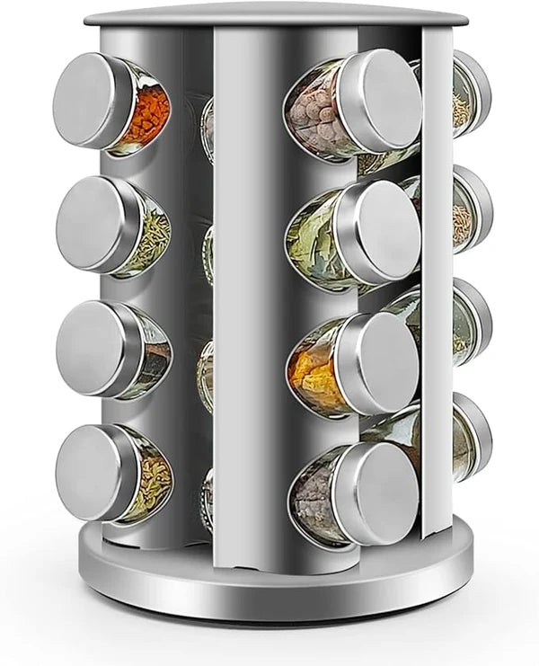 TRAY Spice Rack,16-Jar Revolving Countertop Spice Tower,Stainless Steel Spice Organizer,Seasoning Storage Organization with 16 Empty Glass Spice Jars, Free Standing Spice Storage Organiser for Kitchen