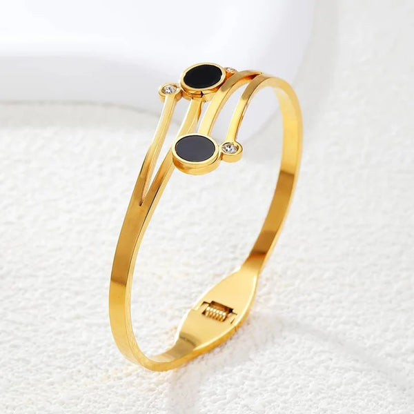 Stainless Steel Inlaid Zircon Cuff Bangle – 18K Gold Plated, Elegant & Adjustable Bracelet