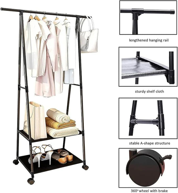 Multifunctional Cloth Rack With Wheels, Multilayer Floor Hanger, 4 in 1 Hall Tree with Storage Shelf, Simple Cloth Organizer Wardrobe, Shoes Rack Home Organizer, Multifunction Floor Standing Clothes Hanger Rack