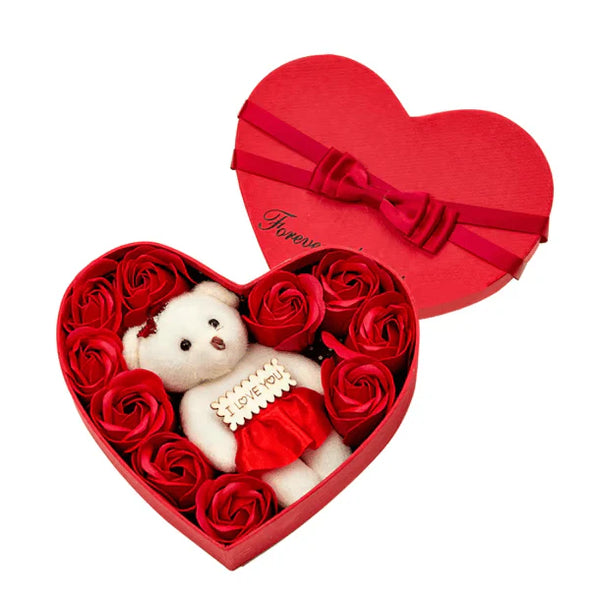 Romantic Heart-Shaped Gift Box with Rose Petals & Mini Teddy Bear