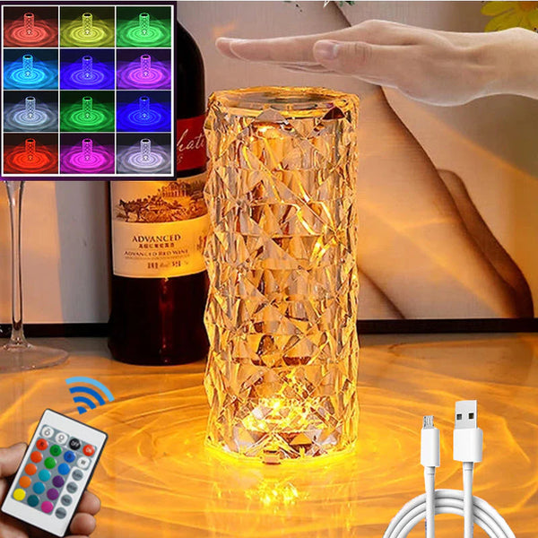 LED Crystal Table Lamp", "3D Diamond Design Lamp", "16-Color Adjustable LED Lamp", "Rechargeable Decorative Table Lamp", "Modern Luxury Lighting Fixture", "Romantic Atmosphere Lamp", "Battery-Powered LED Table Lamp"