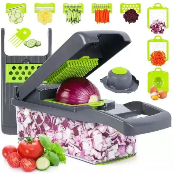 12-in-1 Vegetable Chopper Onion Chopper Dicer with Container – Multifunctional Veggie Slicer, Food Cutter with 7 Stainless Steel Blades, Egg Separator, and Filter Basket – Essential Kitchen Gadget