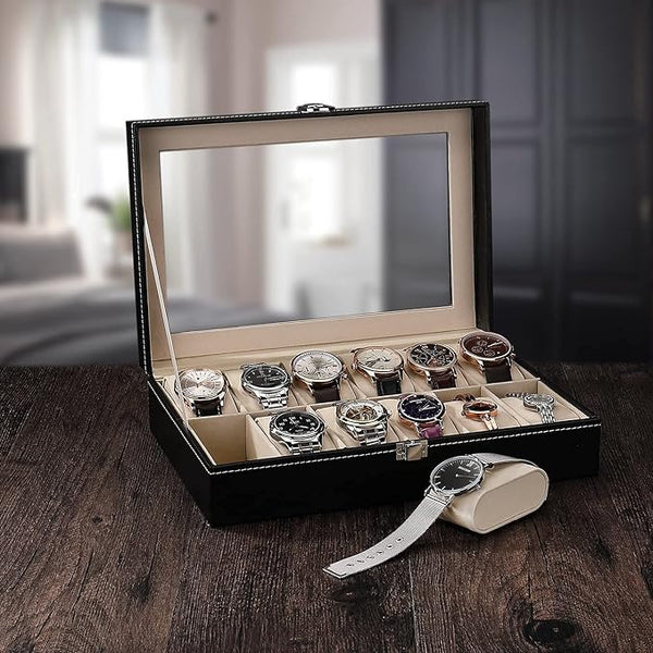 "leather watch display case", "watch storage organizer", "12 grid watch case", "luxury watch organizer", "watch holder", "watch collection storage", "watch display case", "watch box for storage", "compact watch display"